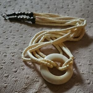 Vintage Cream Heishi Style Beaded Necklace with Circular Pendant